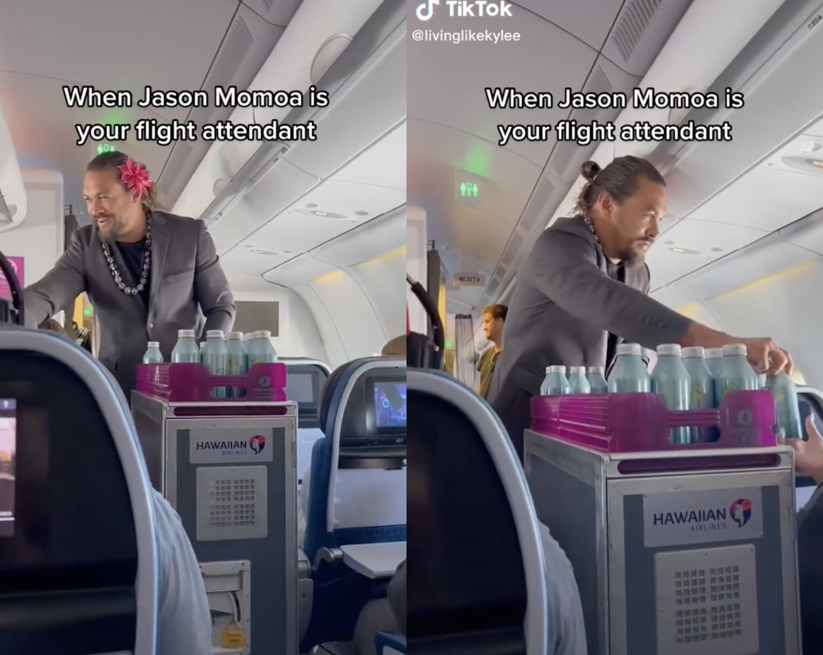 “Aguaman”: Jason Momoa reparte sus nuevas botellas de agua en un vuelo de Hawaiian Airlines
